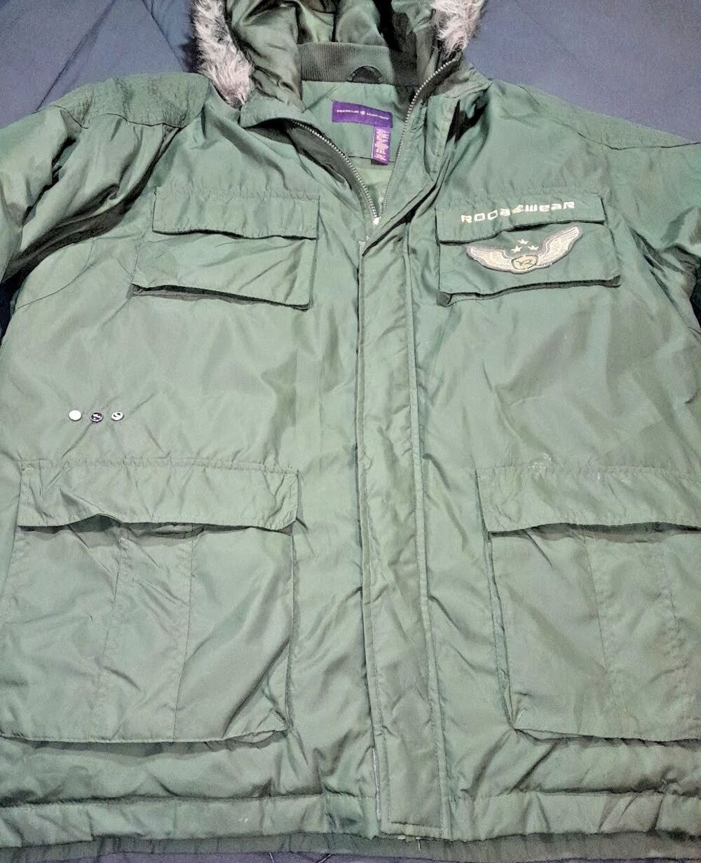Vintage Rocawear 2XL Down Parka Jacket Hood Green Aviation Bomber Heavy